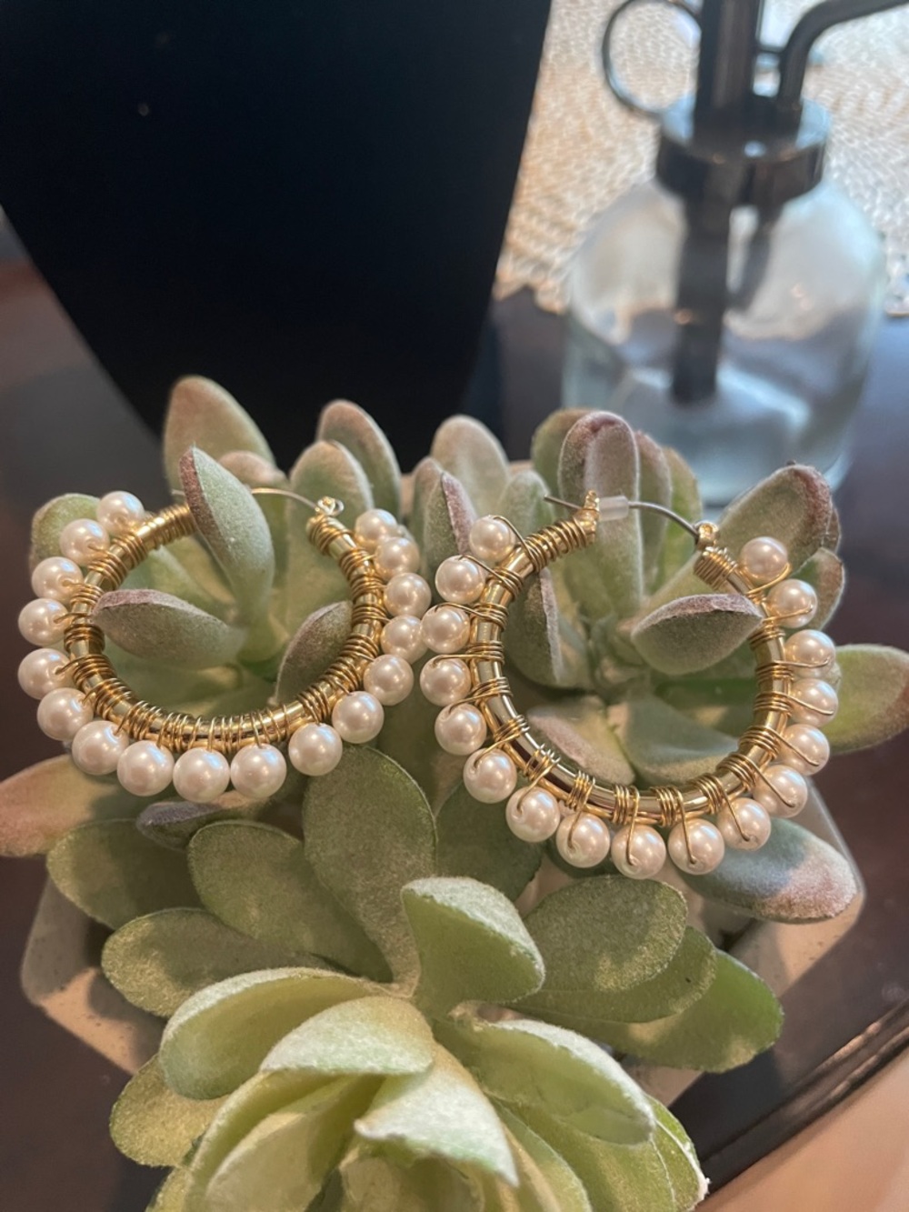 Gold Hoop Earrings with White Pearls